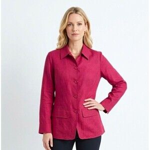 Womens Blouse 10 Pink Button Front Collared  Long Slv linen blend office chic
